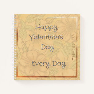 Happy Valentines Delicate Floral Beige Gold Text Notebook