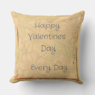 Happy Valentines Delicate Floral Beige Gold Text Throw Pillow