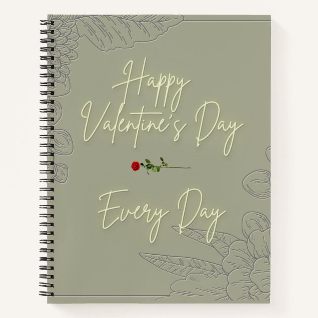 Happy Valentine's Flowers Grey Embossed Red Rose Notebook (Front)