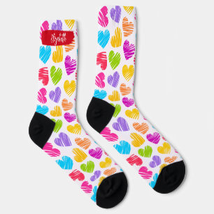 Happy Valentines Girly Vibrant Doodled Hearts Name Socks