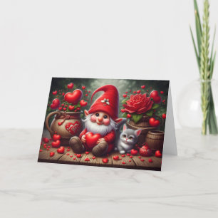 Happy Valentine's Gnome with cat background Holiday Card
