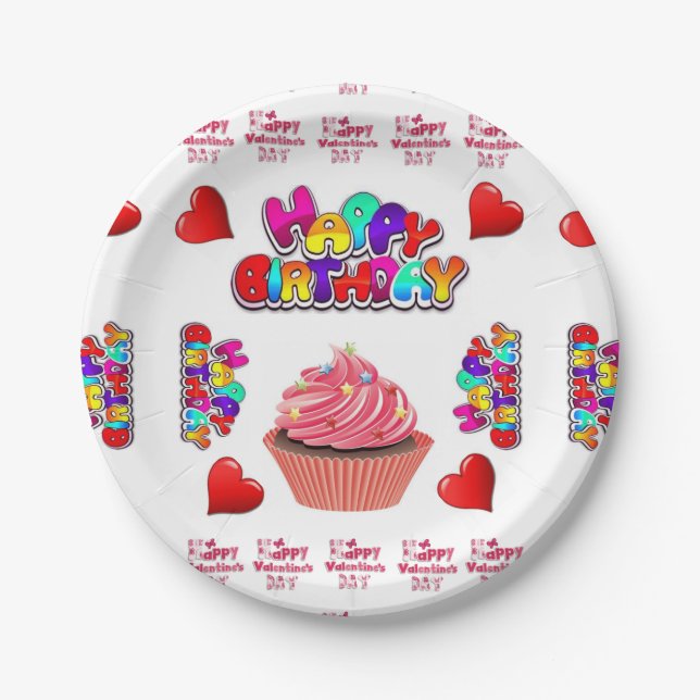 Happy Valentine's  Happy Birthday Paper Plates (Front)