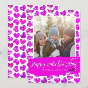 Happy Valentines Modern Purple Pink Hearts Photo Holiday Card