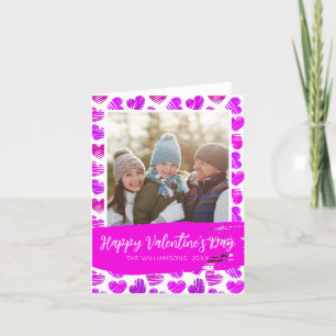 Happy Valentines Modern Purple Pink Hearts Photo Holiday Card