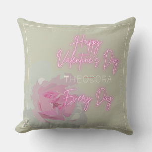 Happy Valentine's Peony Pink Grey Text Neon Pink Throw Pillow