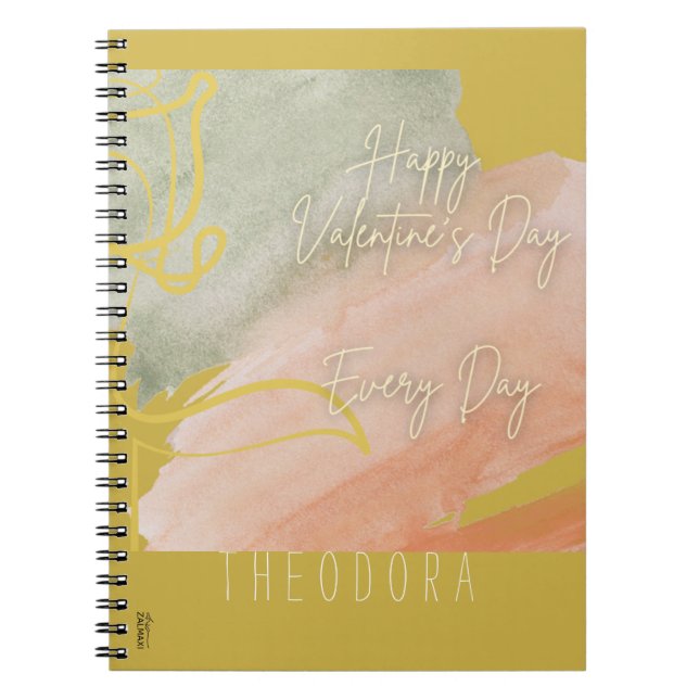 Happy Valentine's Pink Ochre Watercolor Gold Rose Notebook (Front)