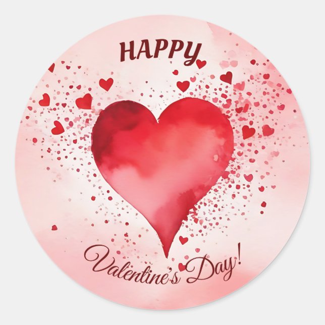 Happy Valentines Red Heart Classic Round Sticker (Front)
