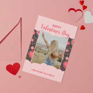 Happy Valentines Whimsical red hearts flowers Name Holiday Card