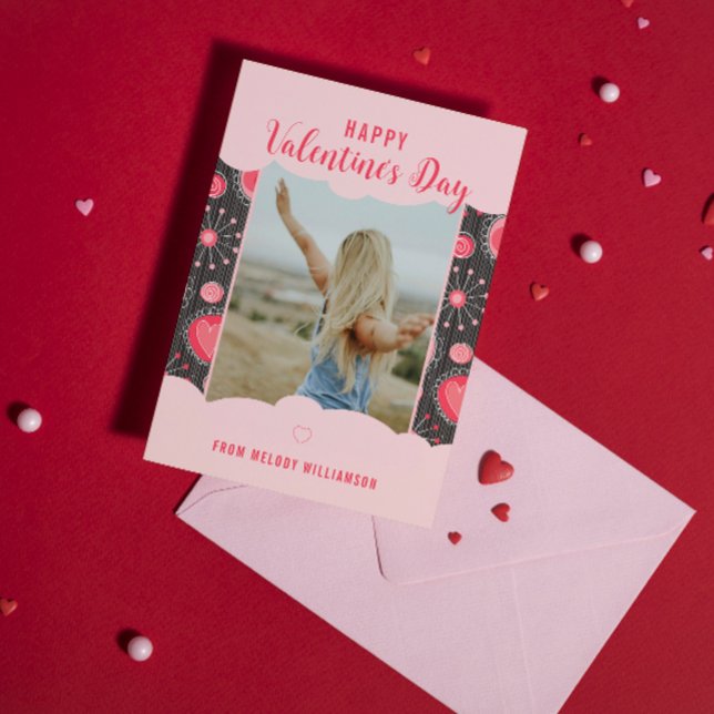 Happy Valentines Whimsical red hearts flowers Name Holiday Postcard (Creator Uploaded)