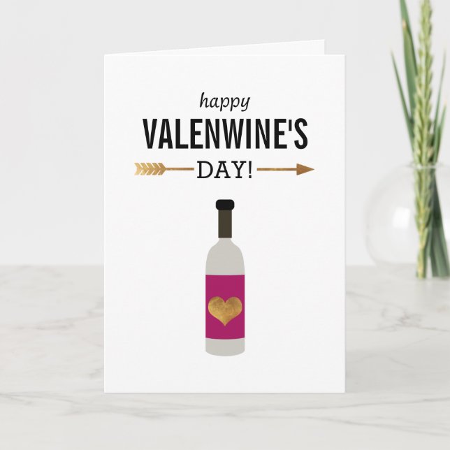 Happy Valenwine's Day with Bottle of Wine Holiday Card (Front)