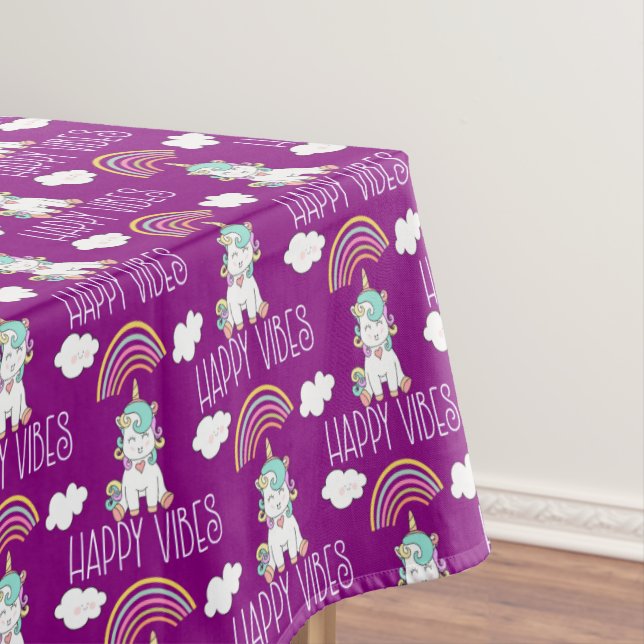 Happy Vibes Awesome Rainbow & Unicorn Tablecloth (In Situ)