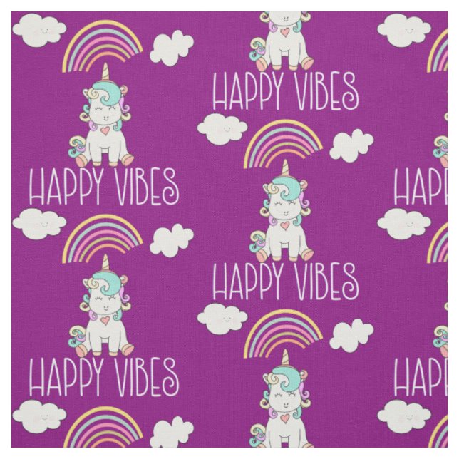 Happy Vibes Cute Smiling Unicorn Pattern Fabric (Swatch)