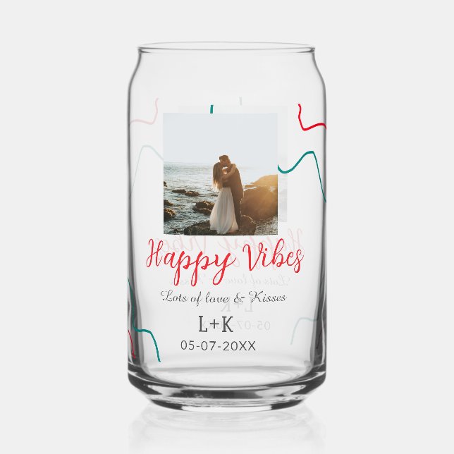 Happy Vibes holiday couple name date wedding red  Can Glass (Front)