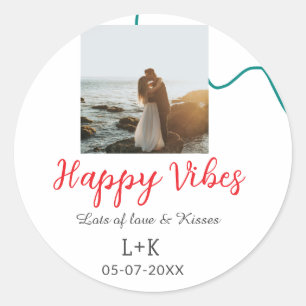 Happy Vibes holiday couple name date wedding red  Classic Round Sticker