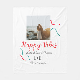 Happy Vibes holiday couple name date wedding red Fleece Blanket
