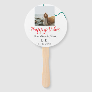 Happy Vibes holiday couple name date wedding red Hand Fan