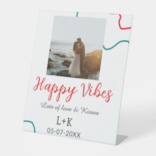 Happy Vibes holiday couple name date wedding red  Pedestal Sign