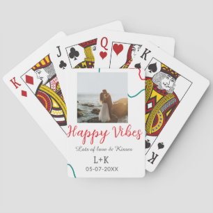 Happy Vibes holiday couple name date wedding red  Playing Cards