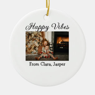 Happy vibes kids family Christmas photo Invitation Ceramic Ornament