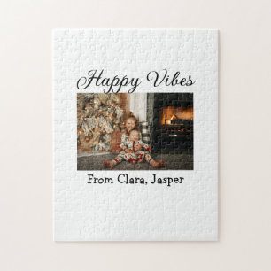 Happy vibes kids family Christmas photo Invitation Jigsaw Puzzle