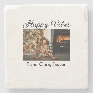 Happy vibes kids family Christmas photo Invitation Stone Coaster