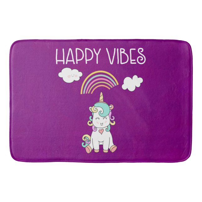 Happy Vibes Typography Awesome Rainbow & Unicorn Bath Mat (Front)