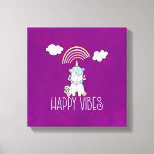 Happy Vibes Typography Awesome Rainbow & Unicorn Canvas Print