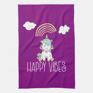 Happy Vibes Typography Awesome Rainbow & Unicorn Kitchen Towel