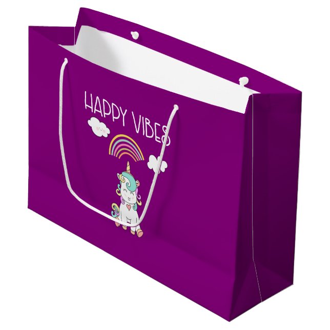 Happy Vibes Typography Awesome Rainbow & Unicorn Large Gift Bag (Front Angled)
