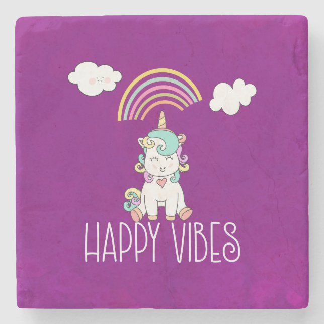 Happy Vibes Typography Awesome Rainbow & Unicorn Stone Coaster (Front)
