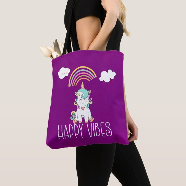 Happy Vibes Typography Awesome Rainbow & Unicorn Tote Bag (Close Up)