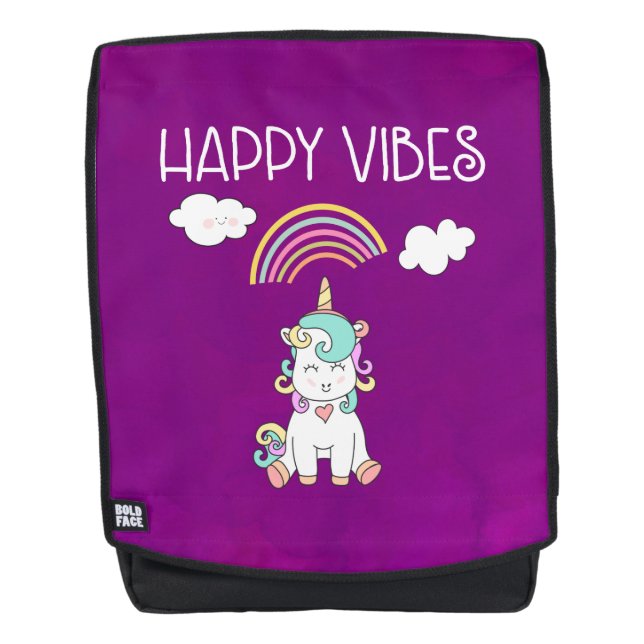 Happy Vibes Typography Cute Smiling Unicorn Backpack (Front)