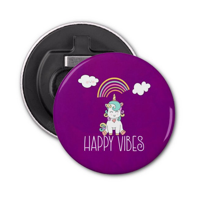 Happy Vibes Typography Cute Smiling Unicorn Bottle Opener (Front)