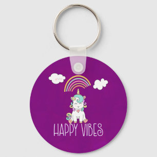 Happy Vibes Typography Cute Smiling Unicorn Keychain