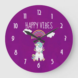 Happy Vibes Typography Cute Smiling Unicorn Large Clock