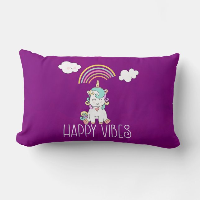 Happy Vibes Typography Cute Smiling Unicorn Lumbar Pillow (Front)