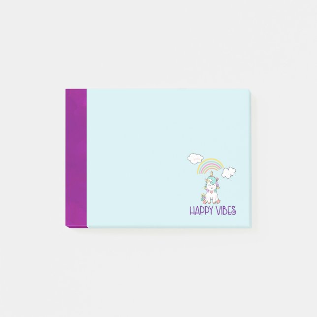 Happy Vibes Typography Cute Smiling Unicorn Post-it Notes (Front)