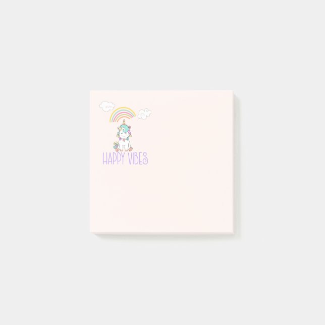 Happy Vibes Typography Cute Smiling Unicorn Post-it Notes (Front)