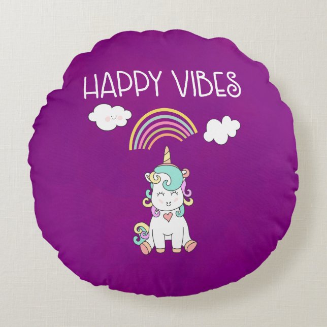 Happy Vibes Typography Cute Smiling Unicorn Round Pillow (Front)