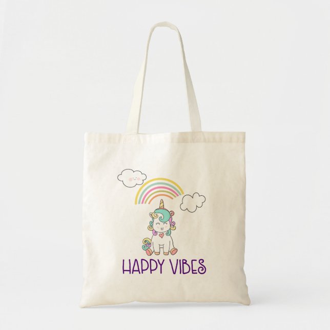 Happy Vibes Typography Cute Smiling Unicorn Tote Bag (Front)