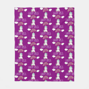 Happy Vibes Typography Smiling Unicorn Pattern Fleece Blanket
