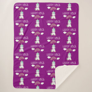 Happy Vibes Typography Smiling Unicorn Pattern Sherpa Blanket