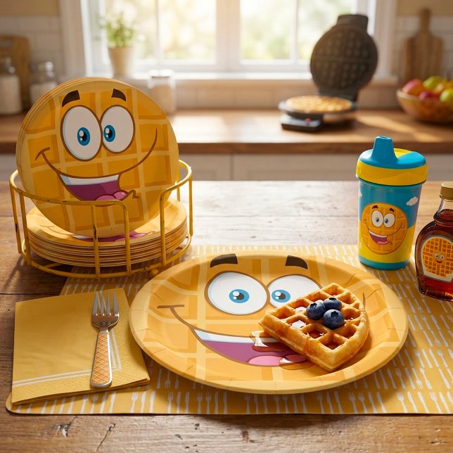 Happy Waffle Kawaii Smiling Breakfast Food Paper Plate (Creator Uploaded)