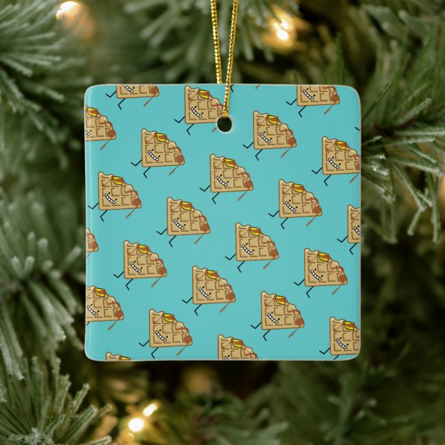 Happy Waffle with syrup and butter breakfast Ceramic Ornament (Tree)