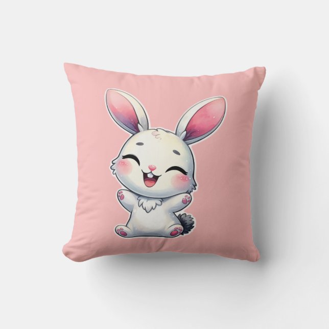 Happy Watercolor Bunny Throw Pillow (Front)