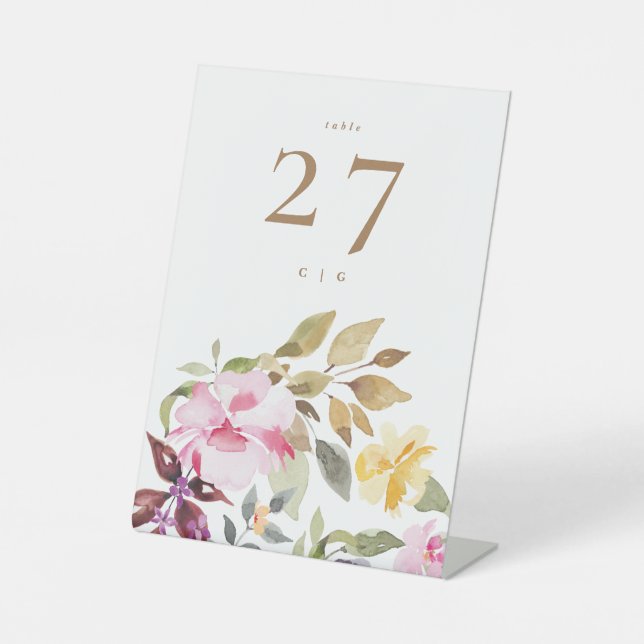 Happy Watercolor Florals Wedding Table Pedestal Sign (Front)