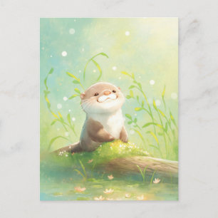 Happy Watercolor Otter Pond Lily Postcard