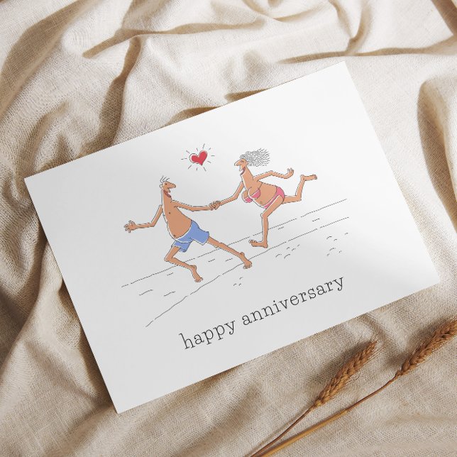 Happy Wedding Anniversary Couple Beach Red Heart Postcard (Creator Uploaded)