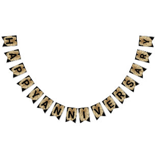 Happy Wedding Anniversary Faux Gold Leaf Black Bunting Flags
