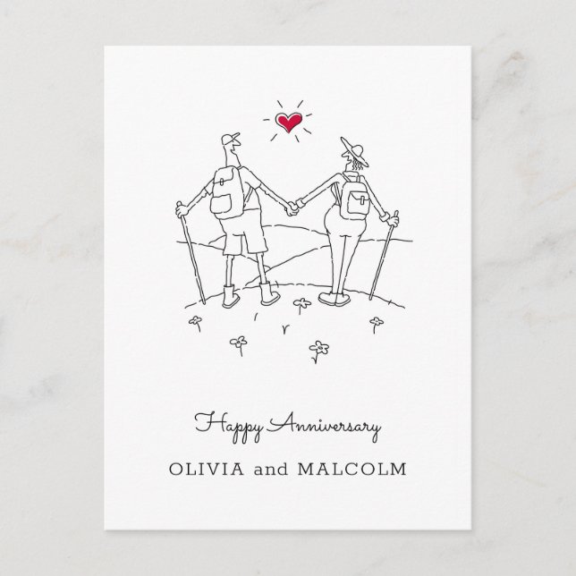 Happy Wedding Hiking Anniversary Red Heart Postcard (Front)